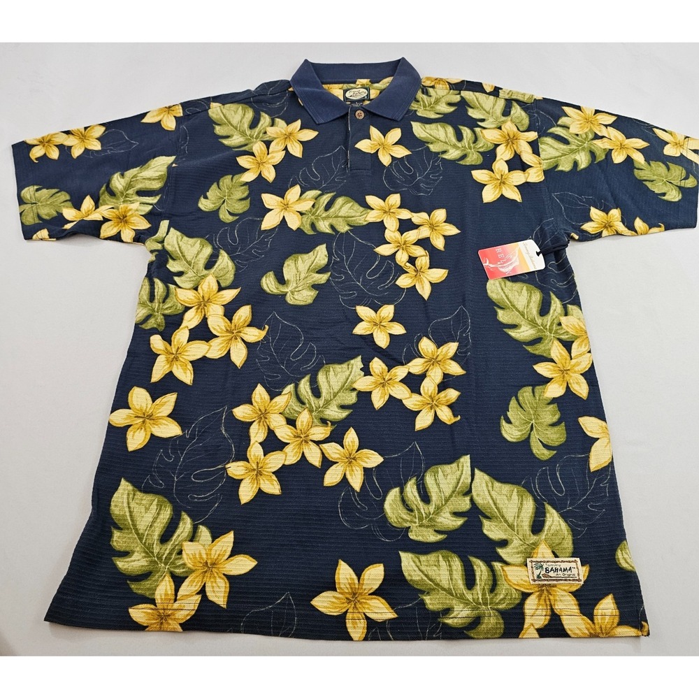 Tommy Bahama relax polo shirt mens L Large navy yellow 3 button cotton floral